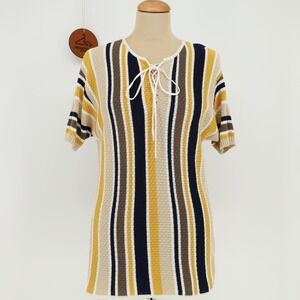 FRAME Striped Lace Up Knit Top Large Short Sleeve Nautical Coastal Modal Cotton‎